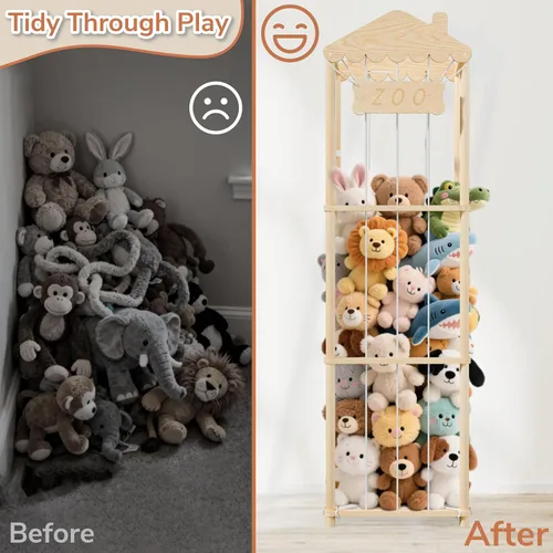 Vista 5 de AMBIRD Almacenamiento de animales de peluche, soporte de madera para zoológico, organizadores de juguetes grandes para niños, almacenamiento