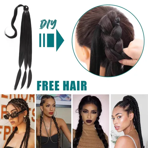 Vista 5 de EMMOR Extensión de cola de caballo larga trenzada con cabello lacio envolvente, extensiones de cabello sintético suave y saludable para mujeres