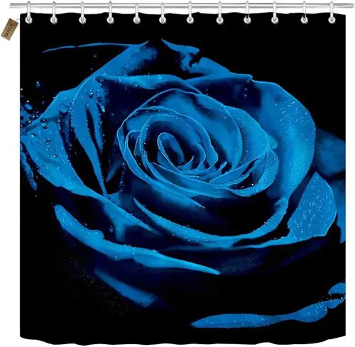 Vista 2 de Juego de 4 cortinas de ducha con diseño floral azul real, decoración de baño con diseño de flores de lluvia, cortina de ducha negra de tela, regalos
