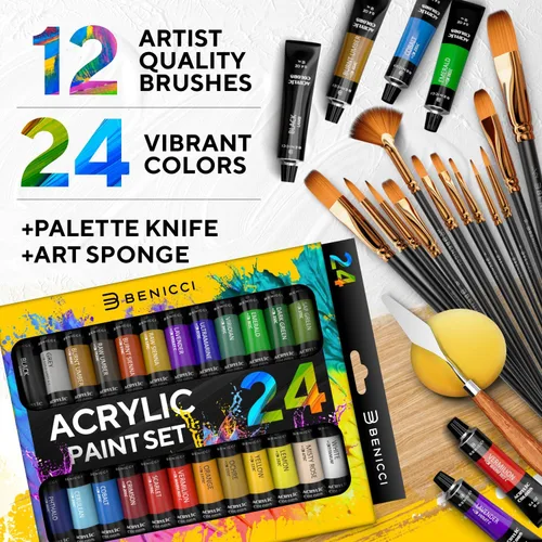 Vista 2 de Juego completo de pintura acrílica, 24 colores ricos en pigmentos, 12 pinceles de arte con cuchillo de pintura y esponja adicionales, para pintar