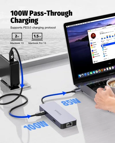 Vista 5 de Hub Ethernet USB C, adaptador multipuerto USB C de 6 puertos con HDMI 4K @30HZ, 3 USB 3.0, carga USB C PD de 100 W, RJ45, apto