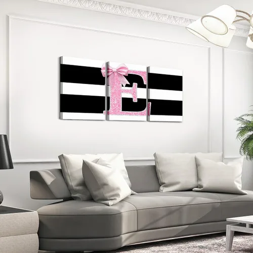 Vista 17 de Erosebridal Lienzo decorativo con monograma de 12 x 16 pulgadas, diseño de letra inicial de lazo rosa, decoración de pared, rayas blancas y negras