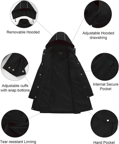 Vista 5 de CREATMO US Gabardina larga cortavientos para mujer, talla grande, resistente al agua, con capucha reflectante extraíble