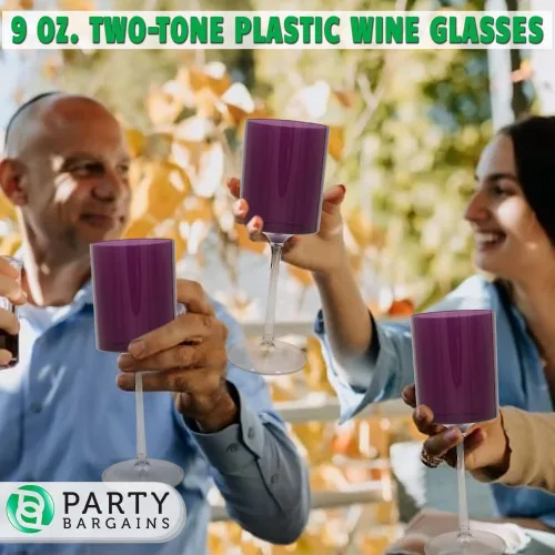 Vista 4 de PARTY BARGAINS Copas de vino de plástico de dos tonos de 9 onzas, morado y transparente, paquete de 5