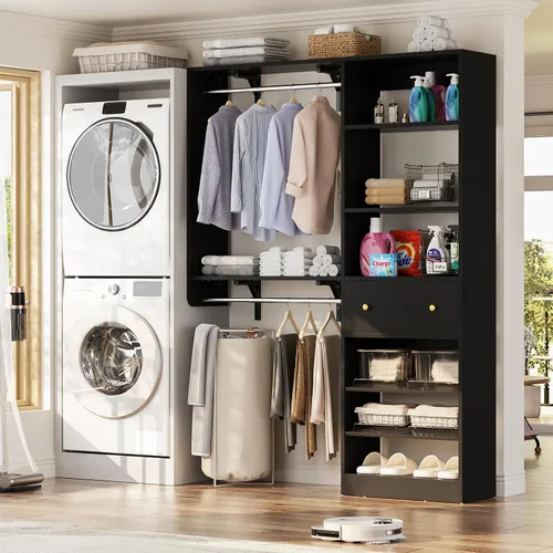 Vista 7 de Sistema de armario con cajón: sistema organizador reversible de madera de 5 pies con 2 varillas para colgar y estante ajustable, organizadores