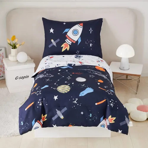 Vista 19 de PERFEMET Juego de cama de 4 piezas para niños pequeños con edredón de autos para niños, reversible, ligero, vehículos azules, juego de cama
