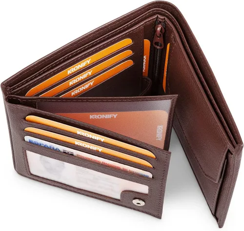 Vista 6 de KRONIFY Leather Wallet Men RFID Blocking Bifold & Trifold Genuine Leather 13 Card Slots Coin Pocket Gift Box Natural Dark Brown