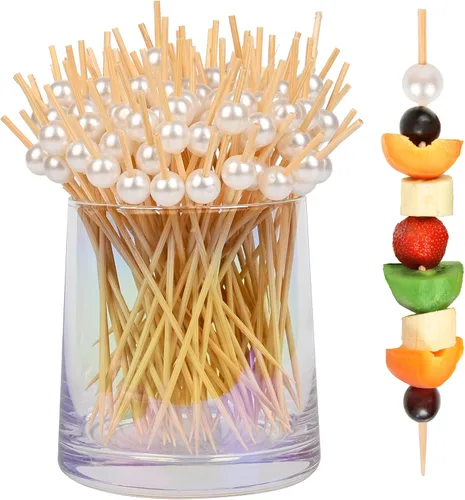 Vista 11 de 100 palillos de dientes elegantes para aperitivos, palillos de cóctel de perlas doradas de 4.7 pulgadas para bebidas, brochetas de bambú