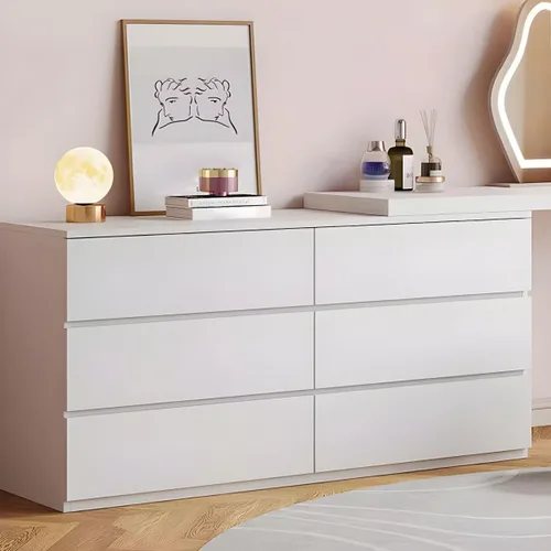 Vista 8 de LAKIQ Moderno juego de escritorio de maquillaje blanco con taburete de espejo, tocador ajustable de madera fabricada con 6 cajones de almacenamiento