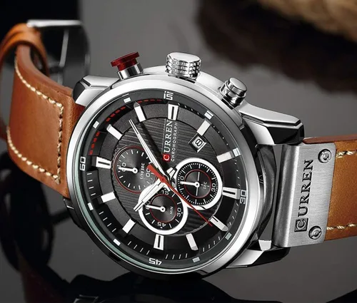 Vista 4 de Reloj deportivo con cronógrafo para hombre, correa de cuero marrón, reloj de cuarzo, reloj de pulsera casual para hombre, Completo negroacero.