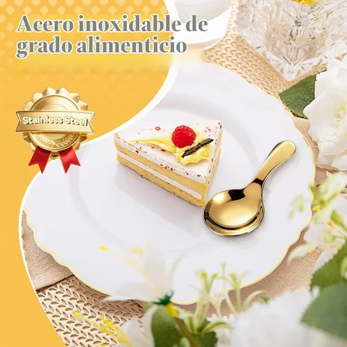 Vista 4 de 5 mini cucharas de helado para recipientes, mini cucharas doradas para servir dulces, acero inoxidable, mango corto, condimentos de sal, cucharas