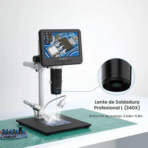 Vista 5 de LM246MS Microscopio digital HDMI de 3 lentes de 7 pulgadas para soldar, soporte de brazo de brazo de pluma de 13 pulgadas, video UHD 2160P 2000X
