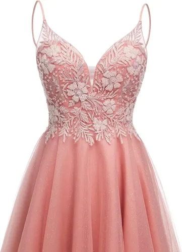 Vista 4 de Vestidos de tul para fiesta de exalumnos para adolescentes, tirantes delgados, vestidos cortos de encaje para graduación, vestido de cóctel