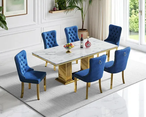 Vista 30 de Juego de 4 mesas de comedor blancas y doradas, mesa de cocina rectangular de 68 pulgadas con parte superior de mármol sintético blanco, mesa de Mesa
