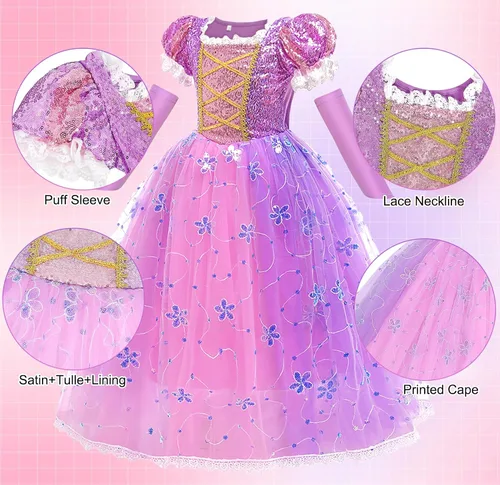 Vista 3 de Tacobear Disfraz de princesa Rapunzel para niñas con accesorios, disfraz de princesa para cumpleaños de niños pequeños