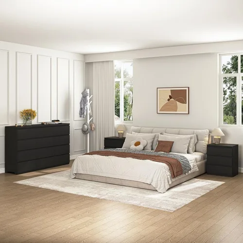 Vista 9 de Cómoda negra de 12 cajones para dormitorio, cómoda moderna con cajones profundos de 63 pulgadas, cómoda de almacenamiento ancha y larga, muebles