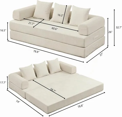 Vista 3 de Sofá cama convertible 4 en 1 de 79 pulgadas, sofás sin hueso, cama plegable de felpilla con cama extraíble, futón de suelo, sofá biplaza modular
