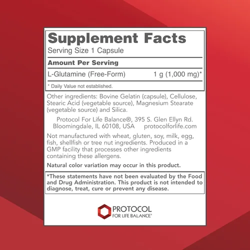Vista 2 de PROTOCOL FOR LIFE BALANCE L-Glutamina 1000mg - Aminoácido - Tejido muscular, salud intestinal Salud inmunológica - 120 cápsulas vegetales