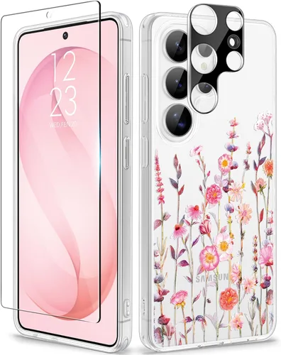 Vista 18 de GVIEWIN Funda protectora para Samsung Galaxy S25, transparente floral, delgada, a prueba de golpes, para mujer, no se pone amarilla, con protector