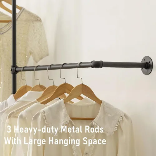 Vista 5 de Perchero industrial para ropa de pared con rieles de ropa de tubería, barras multiusos para colgar ropa resistente, ahorro de espacio, organizador
