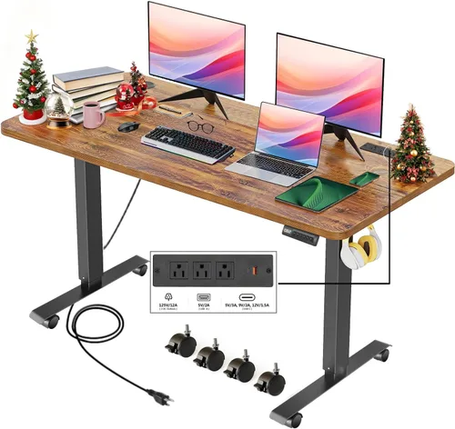 Vista 19 de Escritorio eléctrico de altura ajustable de pie, escritorio de sentarse y pararse de 48 x 24 pulgadas con toma de corriente, 2 puertos USB, 3 tomas