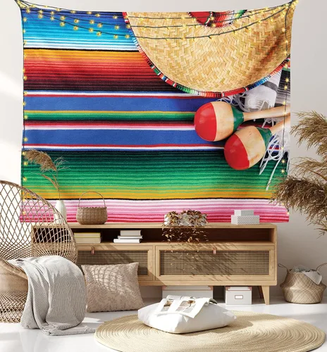 Vista 7 de Lunarable Tapiz mexicano, tema de cultura latinoamericana, sombrero de paja, manta de serape de Maracas, decoración de tela para colgar en la pared