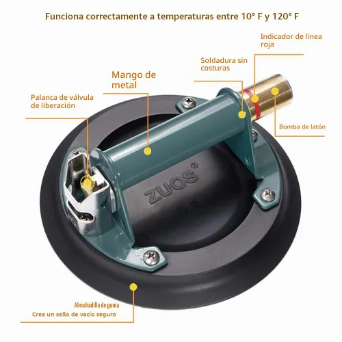 Vista 2 de Ventosa de vidrio de 8 pulgadas para elevación de granito y vidrio, elevador al vacío con mango de metal y bomba de latón, capacidad de carga de 600
