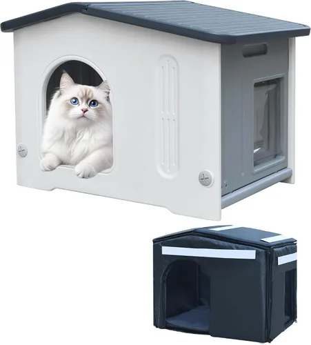 Vista 14 de Casa para gatos al aire libre, resistente a la intemperie, casas de plástico para gatos con puerta de escape, 2 pisos para interiores, impermeable
