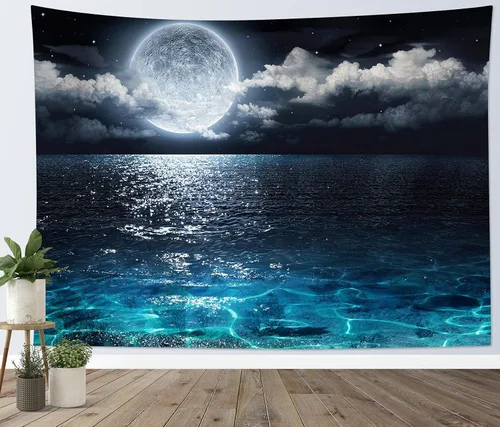 Vista 16 de LB Tapiz de cielo nocturno y océano, tapiz de luna llena sobre el agua, tapiz para colgar en la pared, tapiz de fantasía mágica de acuarela 3D, arte