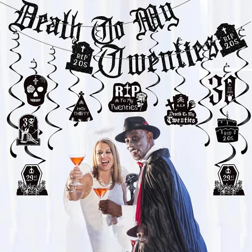 Vista 6 de Decoraciones de Death to My 20 – 14 piezas negras para decoración de fiesta de cumpleaños de 30 años, pancarta colgante de remolinos rasgados a mis