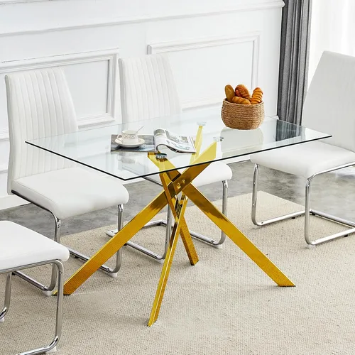 Vista 15 de Mesa de comedor cuadrada de 36 pulgadas para 2, 3, 4 personas, mesa de comedor moderna con patas de metal cromado dorado en forma de X, mesa