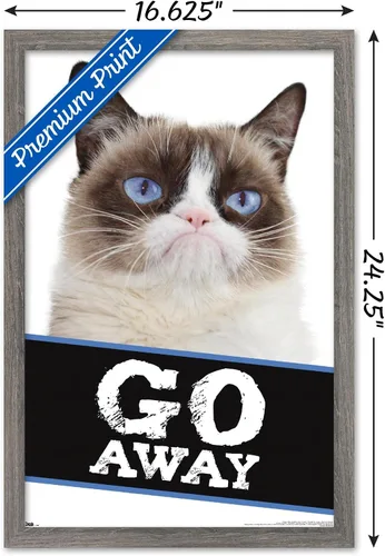 Vista 3 de Trends International Grumpy Cat - Póster de pared con texto en inglés «Go Away», 14.725 x 22.375 pulgadas, versión enmarcada de madera de granero