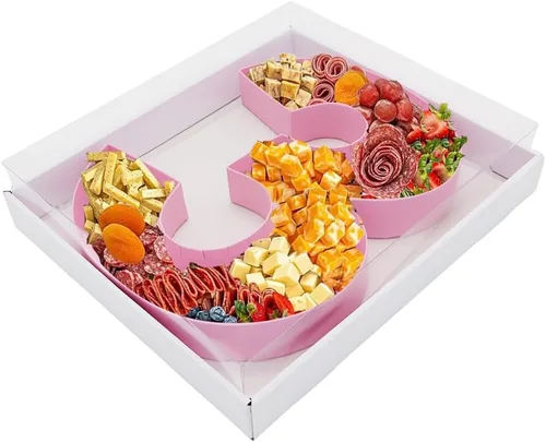 Vista 57 de Bandeja de papel rellenable de 12.5 pulgadas con números y letras de cartón, tablero de charcutería, bandeja para cupcakes dulces, caja decorativa