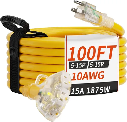Vista 9 de PlugSaf - Cable de extensión para exteriores de calibre 10 de 50 pies con múltiples tomas, color amarillo