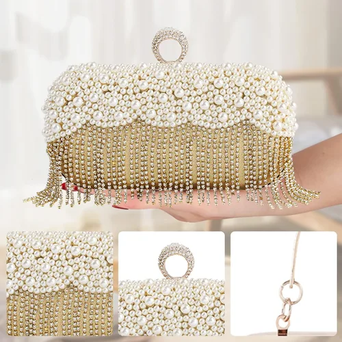 Vista 5 de CORIOS Bolso de noche para mujer, bolso de mano de perlas con borlas de cristal, bolso de mano de diamantes de imitación