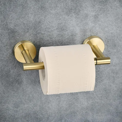 Vista 4 de Soporte de papel higiénico dorado cepillado para baño, soporte de rollo de papel higiénico giratorio de doble poste, soporte de TP desmontable