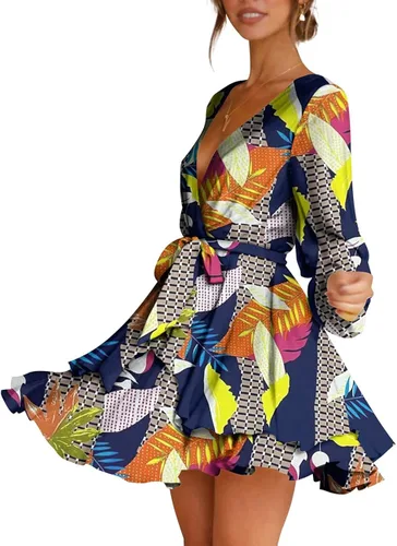 Vista 2 de Cosonsen Vestido corto de mujer con cuello en V profundo, manga larga, cintura con volados, vestido skater