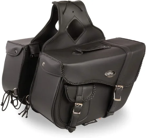 Vista 22 de Maleta impermeable de cuero genuino para motocicleta con funda para pistola en el interior marrón y negro tachuela/sin tachuelas