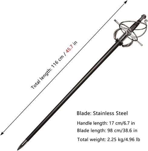Vista 2 de 45.7" Renaissance Spanish Italian Style Rapier Fencing Sword with Spiral Swept-Hilt for Cosplay, Collection, Display