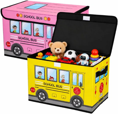 Vista 7 de Sweetude Caja del tesoro de autobús escolar de 2 piezas para el aula, caja plegable de almacenamiento de juguetes con tapa, organizador de tesoros