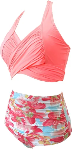 Vista 10 de SPORLIKE - Traje de baño de cintura alta para mujer, bikini de dos piezas con control de abdomen y parte superior triangular