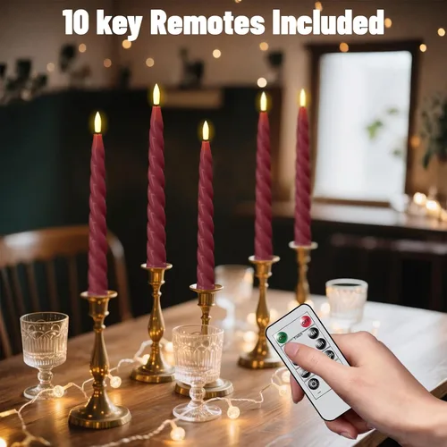 Vista 4 de Wondise Velas Cónicas Sin Llama con Control Remoto Temporizador, Candelabros Rojos Cerosos Reales a Batería Velas LED de Mecha 3D para Decoración