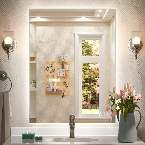 Vista 11 de Keonjinn - Espejo de 48x30 pulg retroiluminado LED para baño/tocador, luz de 3 colores ajustables blanca/cálida/natural, lúmenes altos, montaje