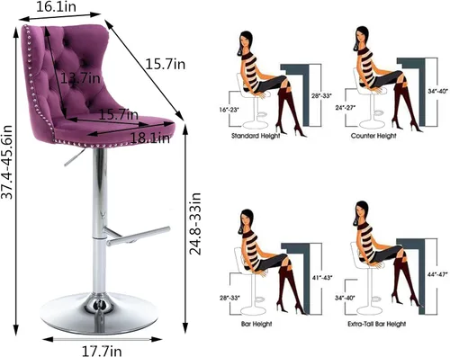 Vista 34 de Aoowow Juego de 2 taburetes de bar giratorios, taburetes de bar ajustables con respaldo de terciopelo copetudo, sillas de bar modernas tapizadas