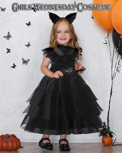 Vista 4 de KISPATTI Wednesday Addams - Vestido para niños, disfraz de Addams para niñas con accesorios para la familia, Halloween, cosplay, fiesta
