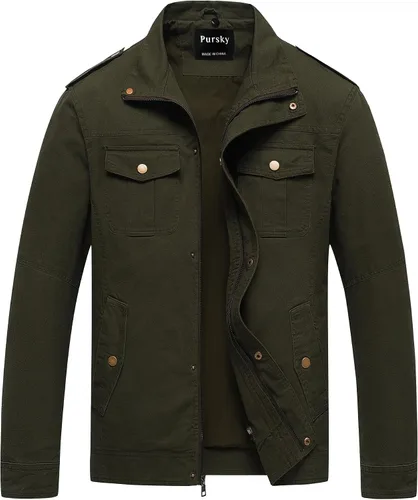 Vista 13 de Pursky Chaqueta Militar de Hombre Chaqueta de Algodón Lavado Casual con Capucha de Lienzo Abrigo de Otoño