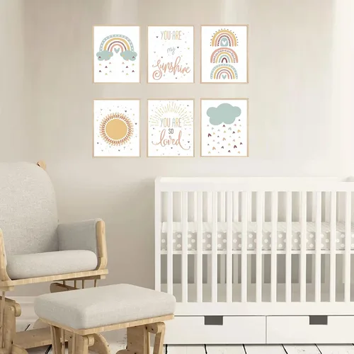 Vista 5 de LLOSEUP Juego de 6 impresiones artísticas de pared boho para cuarto de bebé, diseño de arco iris, corazón, lluvia, eres mi sol, inspirador