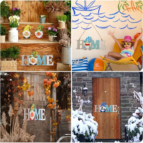 Vista 3 de 13 piezas de gnomo intercambiable para el hogar, letrero de madera 3D para Navidad, invierno, decoración de puerta de temporada, decoración rústica