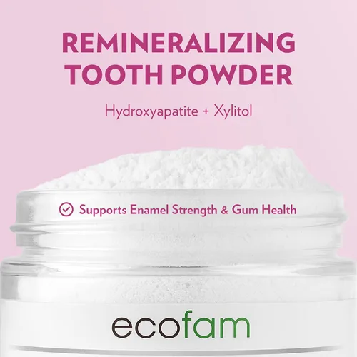 Vista 3 de Ecofam Polvo de pasta de dientes – Polvo de dientes remineralizante, hidroxiapatita y xilitol, sin flúor, apoya la fuerza del esmalte y la salud