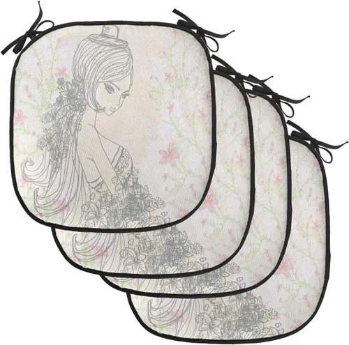 Vista 164 de Lunarable Floral Chair Cushion Pad, Flower Petal with Oriental Detail Culture Design, Seat Padding for Kitchen & Patio with Anti-Slip Backing